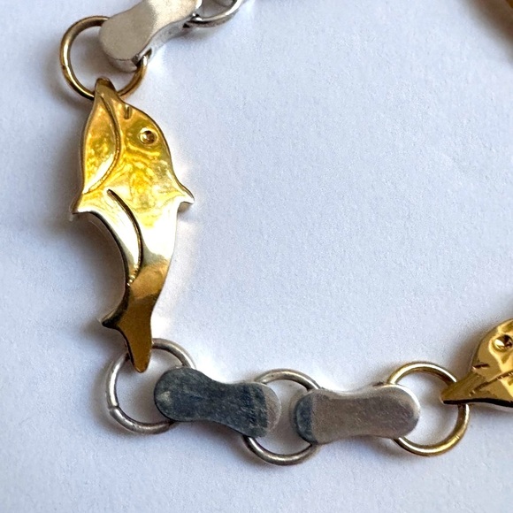 🐬 Vintage .925 Sterling Silver Dolphin Bracelet with Gold Plated Dolphins - Picture 5 of 15